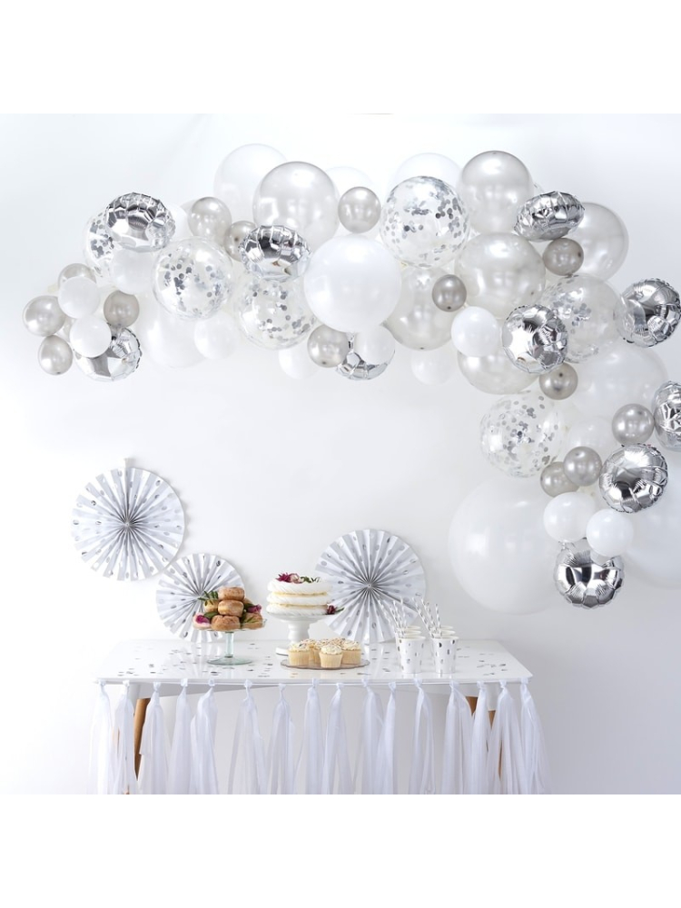 Ginger Ray BA-302 Balloon Arch - Arco de Globos Plateado y Blanco main product photo