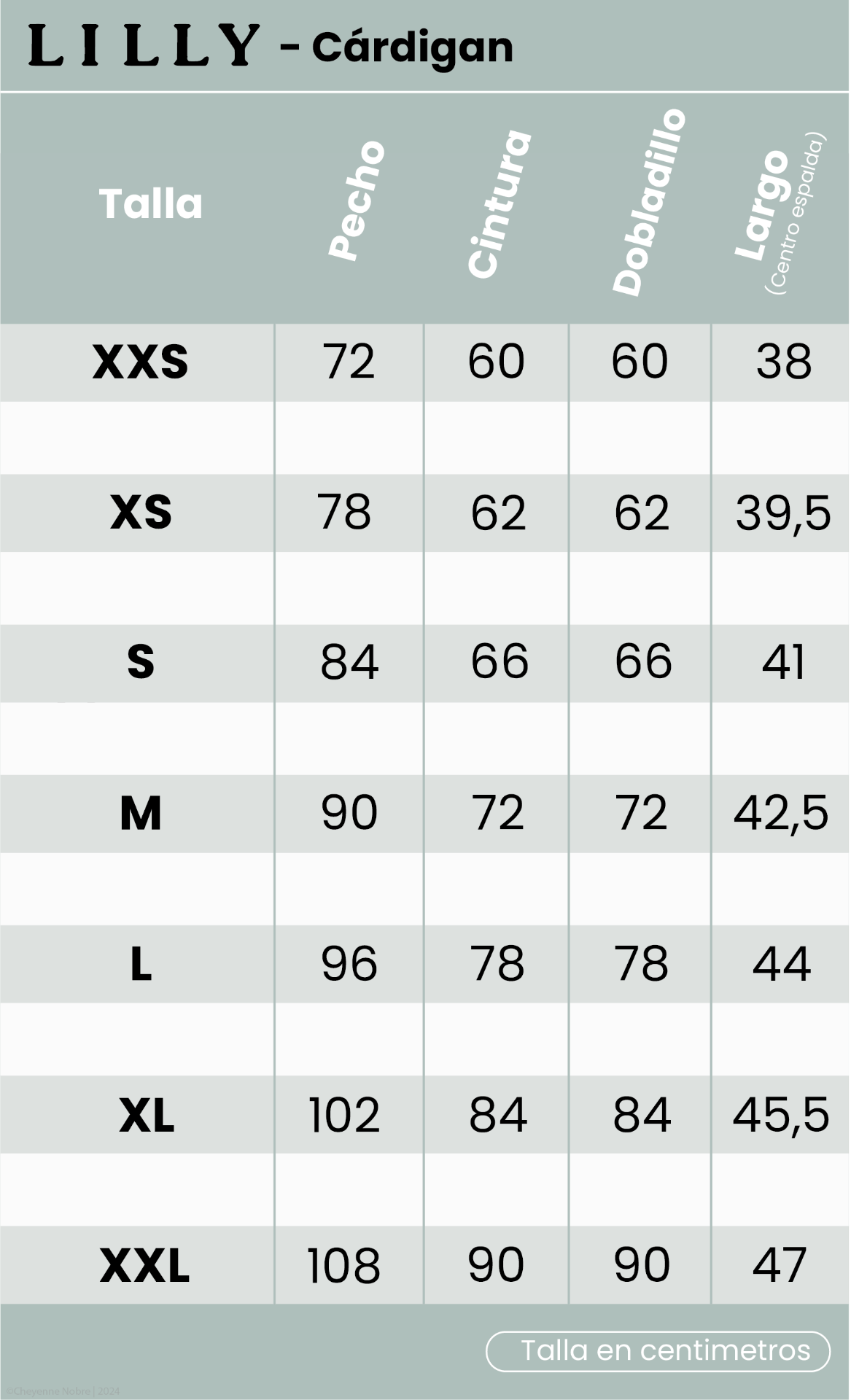 Cárdigan Lilly tabla de tallas