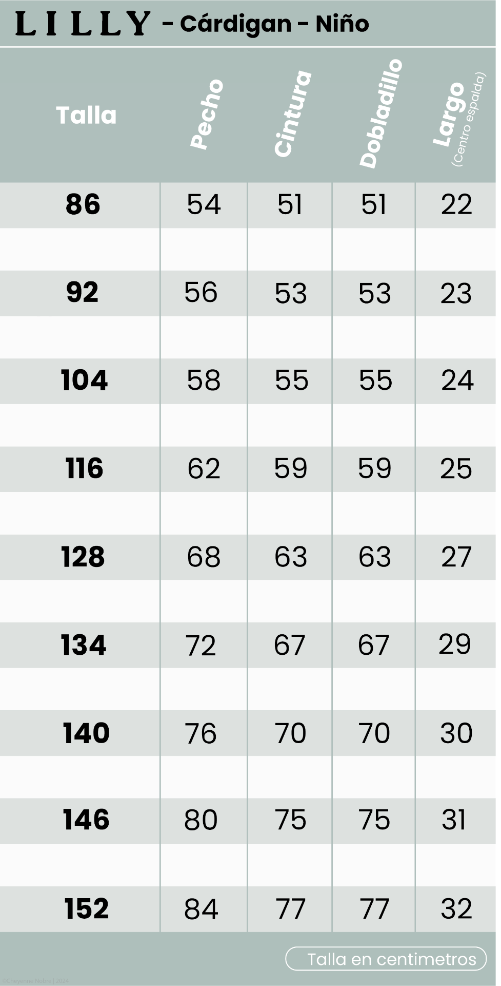 Cárdigan Lilly (niño) tabla de tallas