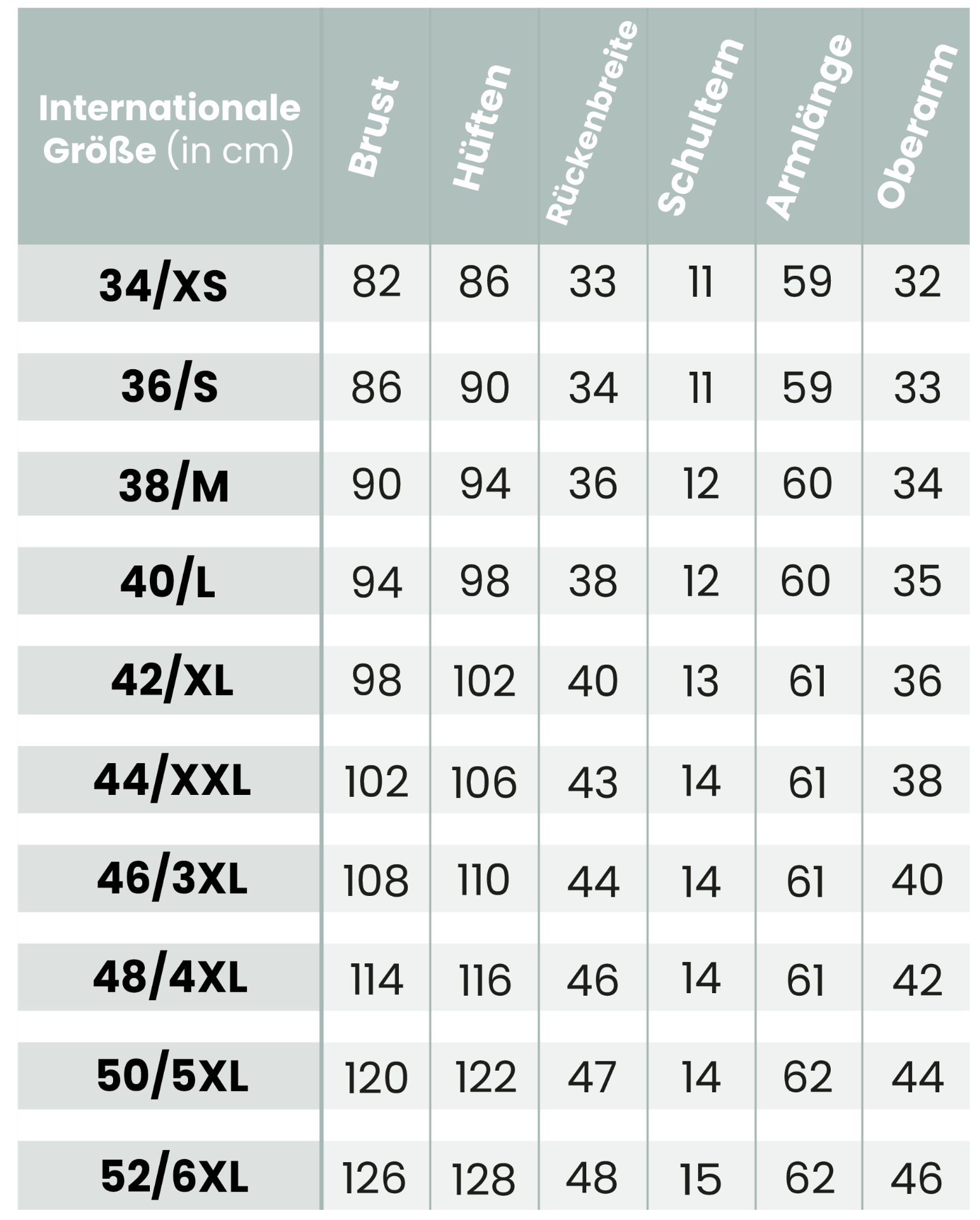 Größentabelle für Boleros Bianco Evento