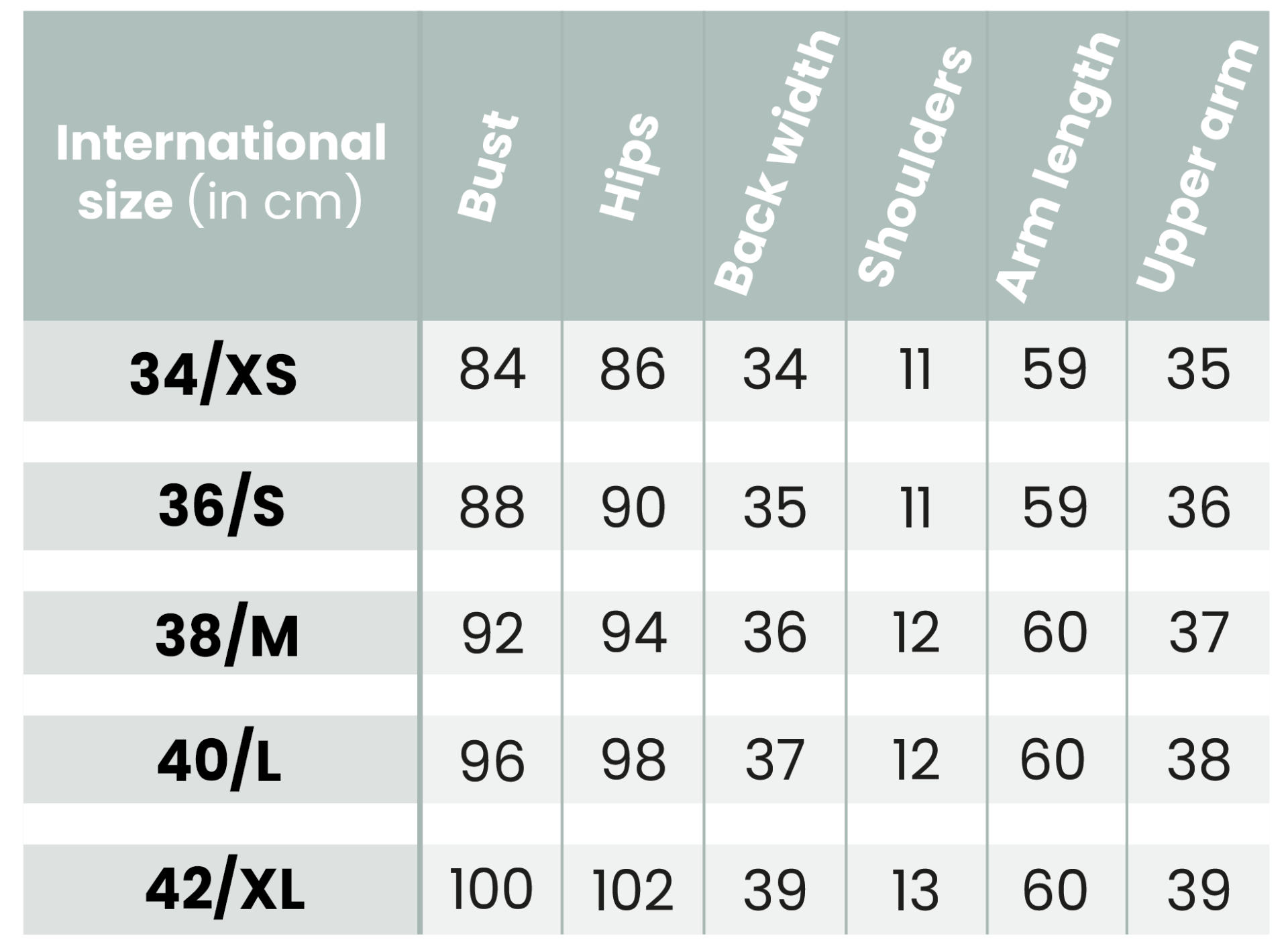 Size chart Boleros Fake Fur Bianco Evento